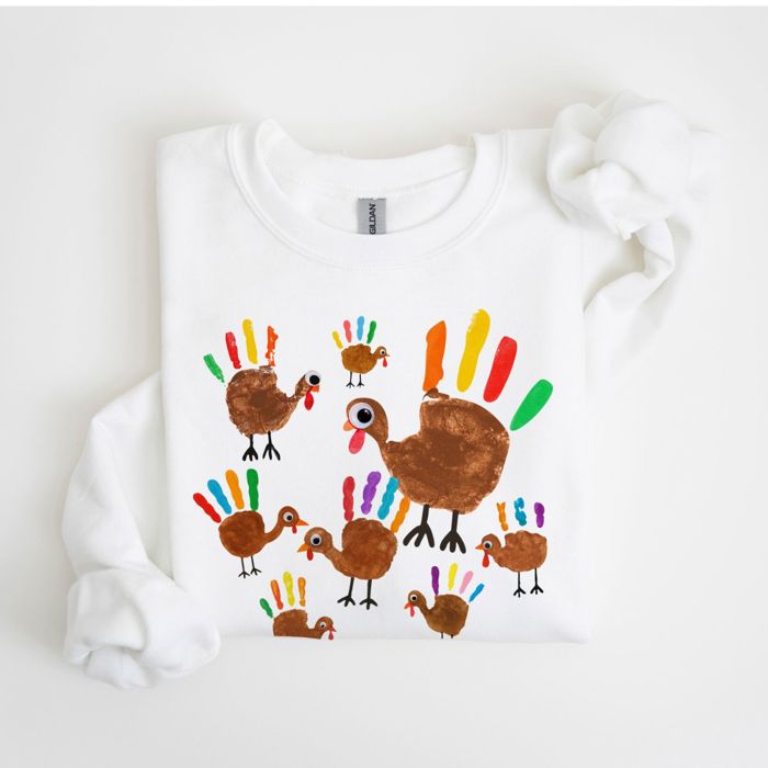 Faux (Printed, not real fabric)     Hand Painted Kids Craft Turkeys - Sweatshirt (Crewneck)  Poly-Cotton Colors (Unisex)  Gildan