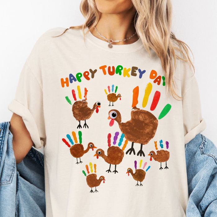 Happy Turkey Day  Faux (Printed, not real hand paint)  Hand Painted Turkeys For Thanksgiving - T-Shirt (Crewneck)  100 Cotton Heavyweight Tee (Unisex)  Comfort Colors