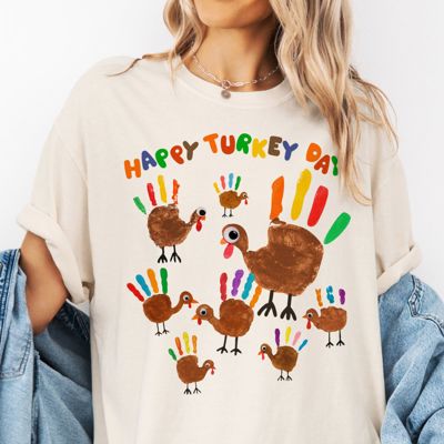 Happy Turkey Day  Faux (Printed, not real hand paint)  Hand Painted Turkeys For Thanksgiving - T-Shirt (Crewneck)  100 Cotton Heavyweight Tee (Unisex)  Comfort Colors