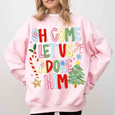 Oh Come Let Us Adore Him Colorful Christian Christmas Faux (Printed, not real fabric or glitter)  Glitter - Comfy Sweatshirt