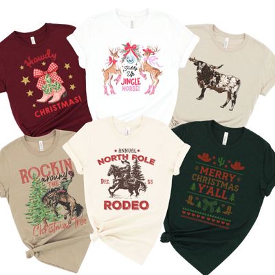 A Cowboy Christmas - Country Western Christmas - T-Shirt (Crewneck)  100 Cotton Solid Colors Jersey Tee (Unisex)  Bella Canvas, T-Shirt (Crewneck)  Poly-Cot
