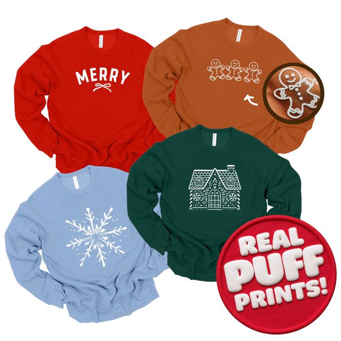 ALL Real PUFF Christmas Prints Ultra Soft Bella Canvas Christmas Sweaters, Sponge Fleece Sweatshirts 
