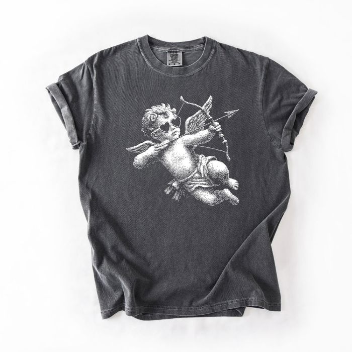 Cupid With Bow Valentines Day Half Tone - T-Shirt (Crewneck)  100 Cotton Heavyweight Tee (Unisex)  Comfort Colors