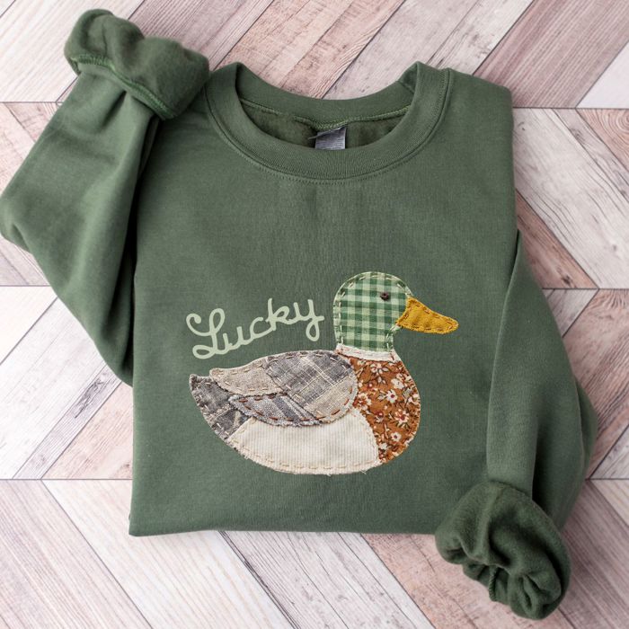 Lucky Ducky Faux (Printed, not real fabric or quilting)  Printed Quilted Duck St Patricks Day - Choose Sweatshirts, T-Shirts or Longsleeves