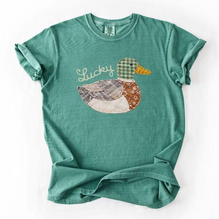 Lucky Ducky Faux (Printed, not real fabric or quilting)  Printed Quilted Duck St Patricks Day - Choose Sweatshirts, T-Shirts or Longsleeves