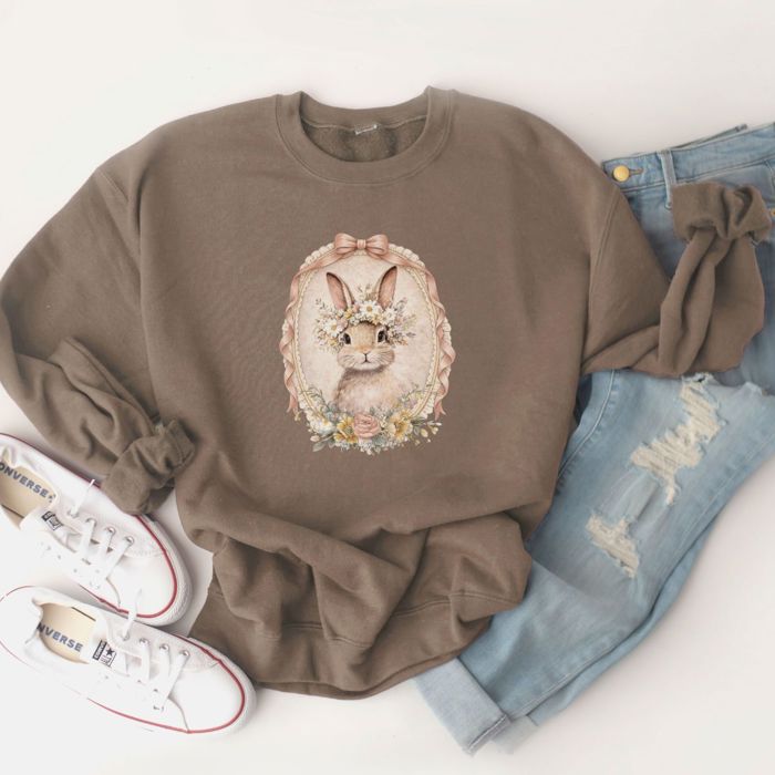 Vintage Floral Easter Bunny Portrait - Choose Sweatshirt or T-Shirt