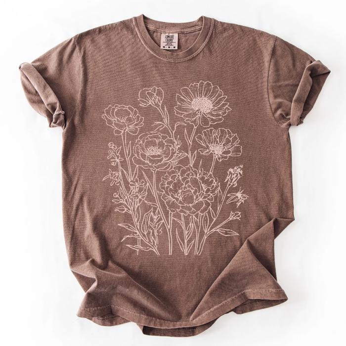 Linocut Print Style Spring Flowers - T-Shirt (Crewneck)  100 Cotton Heavyweight Tee (Unisex)  Comfort Colors, T-Shirt (Crewneck)  Jersey Tee (Unisex)  Tulte