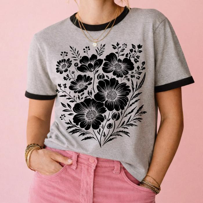 Whimsical Black Floral Print - T-Shirt (Ringer) Unisex Fine Jersey