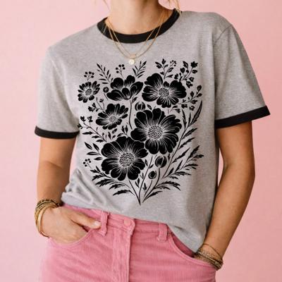 Whimsical Black Floral Print - T-Shirt (Ringer) Unisex Fine Jersey