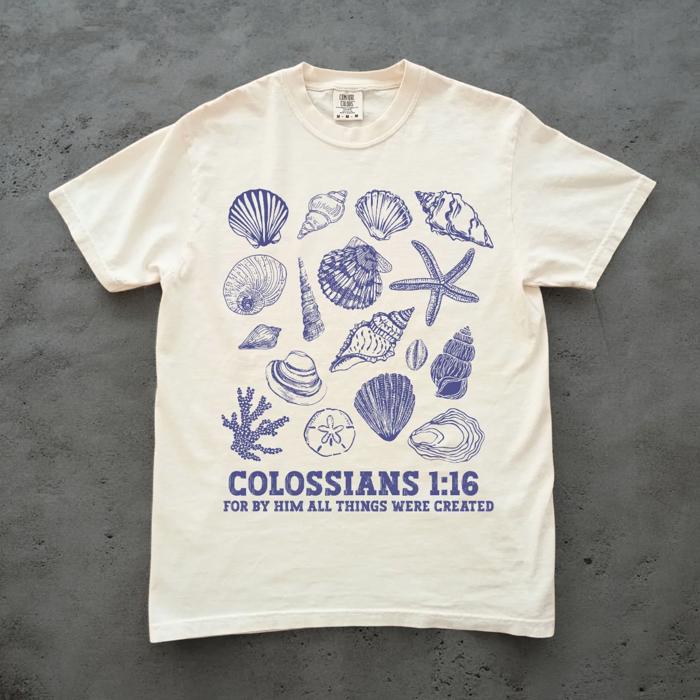 For By Him All Things Were Created - Seashells Beachy Christian Bible Scripture - T-Shirt (Crewneck)  100 Cotton Heavyweight Tee (Unisex)  Comfort Colors, S