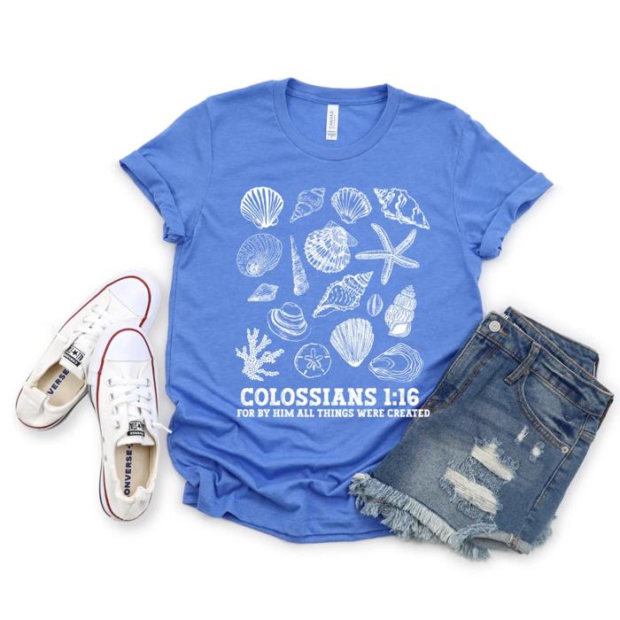 For By Him All Things Were Created - Seashells Beachy Christian Bible Scripture - T-Shirt (Crewneck)  100 Cotton Heavyweight Tee (Unisex)  Comfort Colors, S