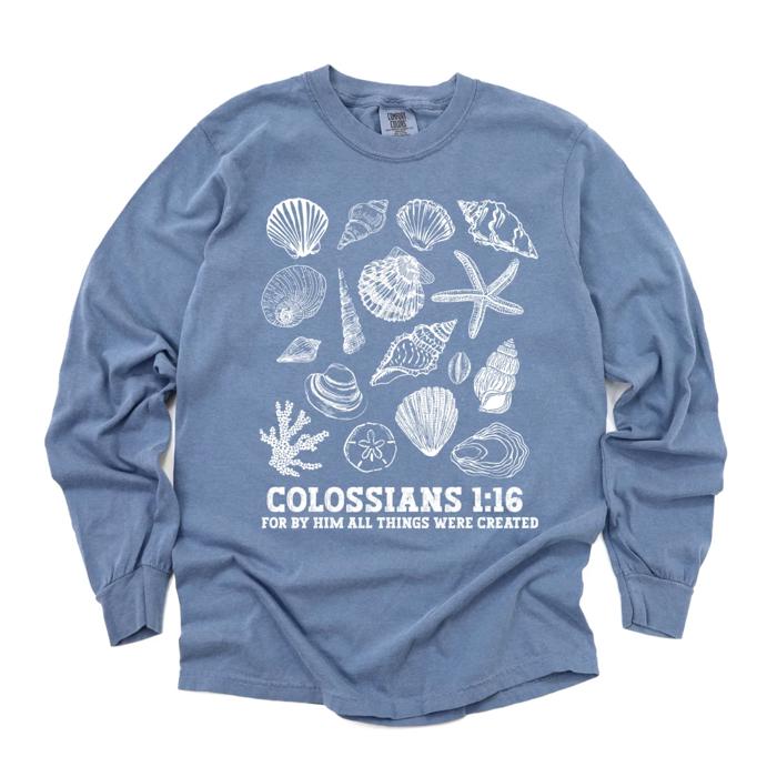 For By Him All Things Were Created - Seashells Beachy Christian Bible Scripture - T-Shirt (Crewneck)  100 Cotton Heavyweight Tee (Unisex)  Comfort Colors, S