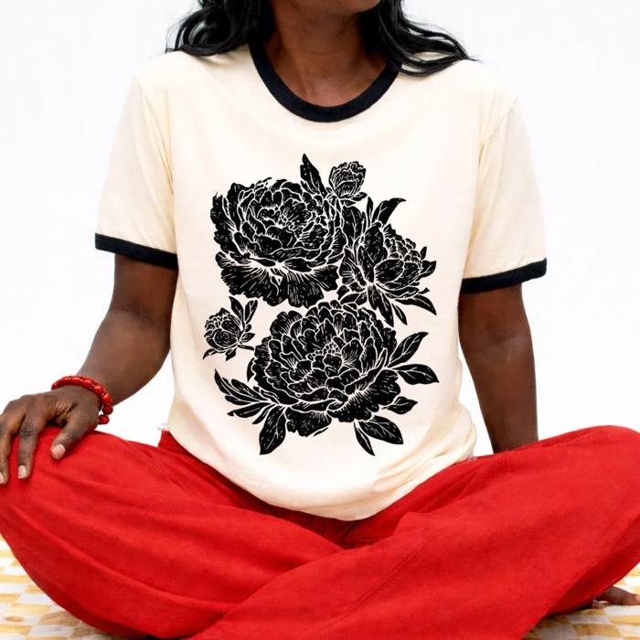 Whimsical Black Peonies Floral Spring Summer - T-Shirt (Ringer) Unisex Fine Jersey