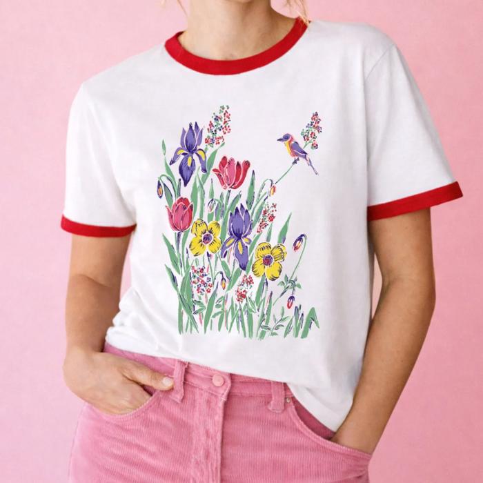 80s Style Vintage Florals With Bird - T-Shirt (Ringer) Unisex Fine Jersey