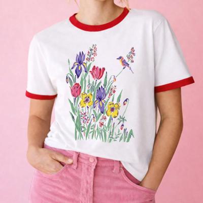 80s Style Vintage Florals With Bird - T-Shirt (Ringer) Unisex Fine Jersey