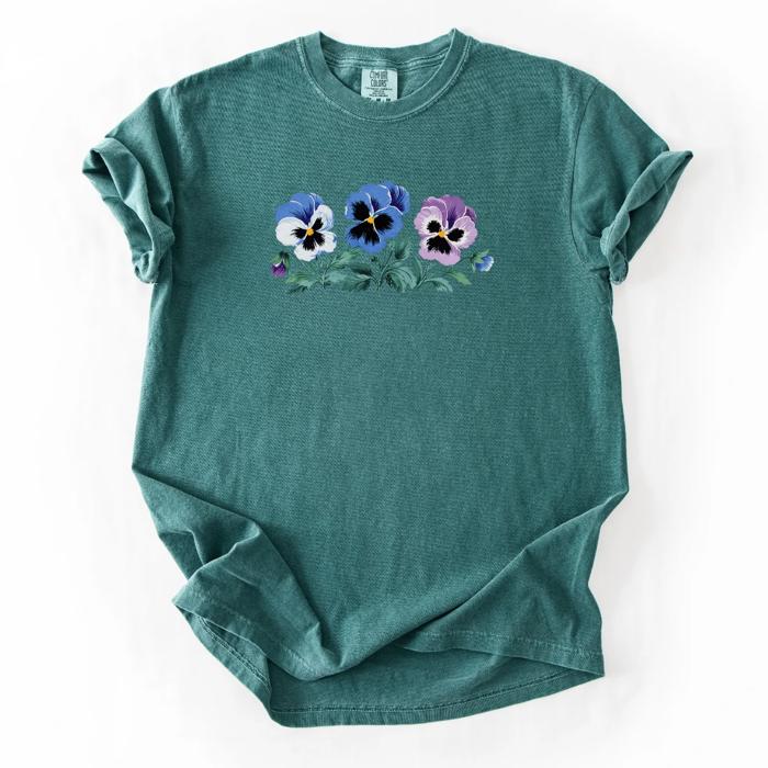 Three Whimsical Pansies Spring Summer - Soft Wash Heavyweight Tee Comfort Colors