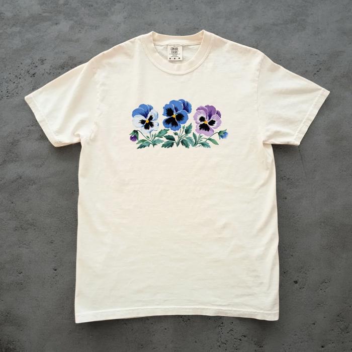Three Whimsical Pansies Spring Summer - Soft Wash Heavyweight Tee Comfort Colors
