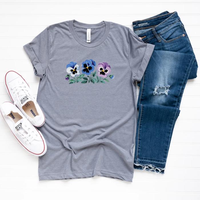 Whimsical Spring Summer Pansies Floral Botanical Print - Extra Soft Bella Canvas