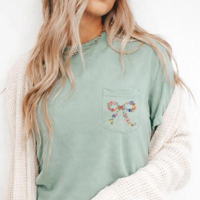 POCKET Flower Bow Spring Summer - Soft Wash Comfort Color Pocket T-Shirt