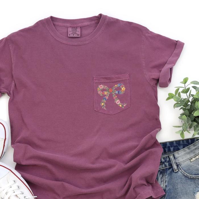 POCKET Flower Bow Spring Summer - Soft Wash Comfort Color Pocket T-Shirt