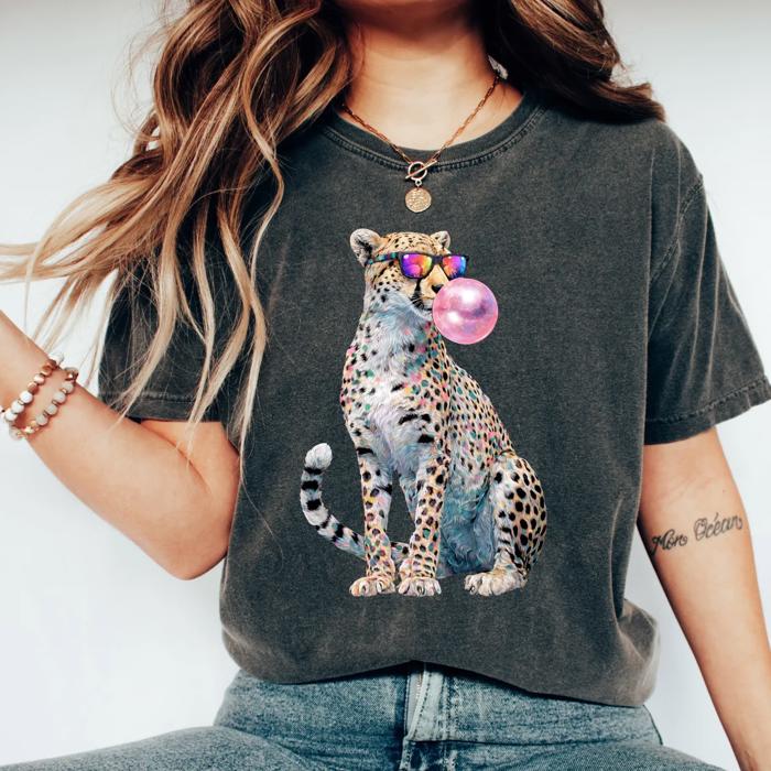 Adorable Cheetah With A Bubble - T-Shirt (Crewneck)  100 Cotton Heavyweight Tee (Unisex)  Comfort Colors, T-Shirt (Crewneck)  Jersey Tee (Unisex)  Tultex