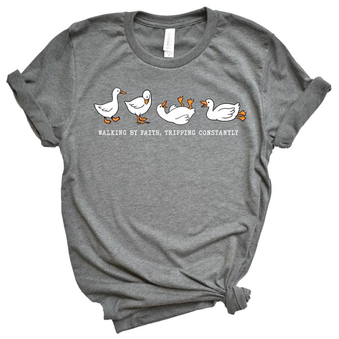 Walking By Faith, Tripping Constantly Christian Silly Goose Design - Comfy T-Shirt (Main Image Bella Canvas - Deep Heather)