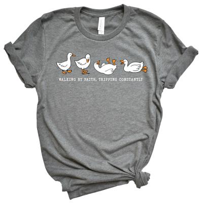 Walking By Faith, Tripping Constantly Christian Silly Goose Design - Comfy T-Shirt (Main Image Bella Canvas - Deep Heather)