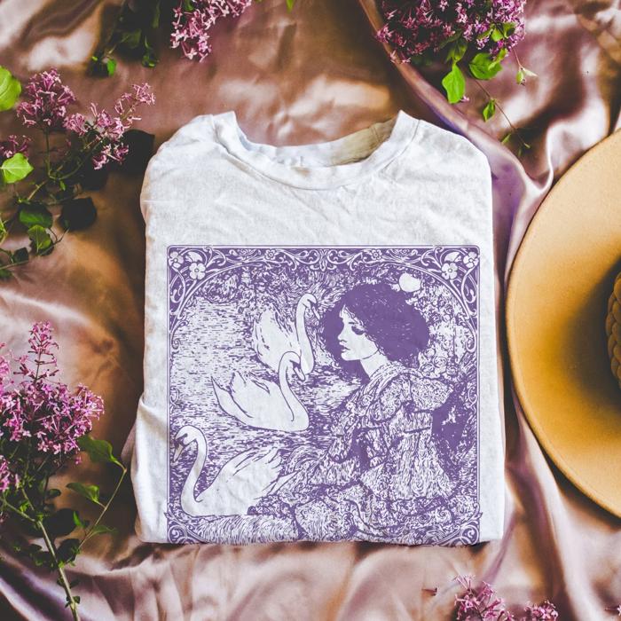 Art Nuevo Style Woman With Swans Romantic Print - 80 Colors - Bella Canvas (Main Image - Bella Canvas - Ash)