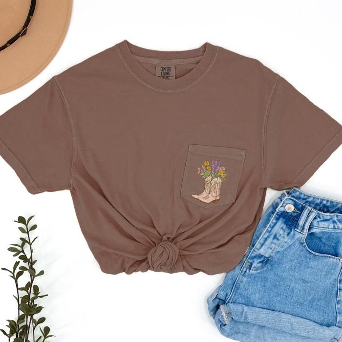 Country Western Cowboy Boots With Wild Flowers Soft Wash Pocket Tee - T-Shirt (Crewneck Pocket)  Garment-Dyed Heavyweight  (Unisex) Comfort Colors
