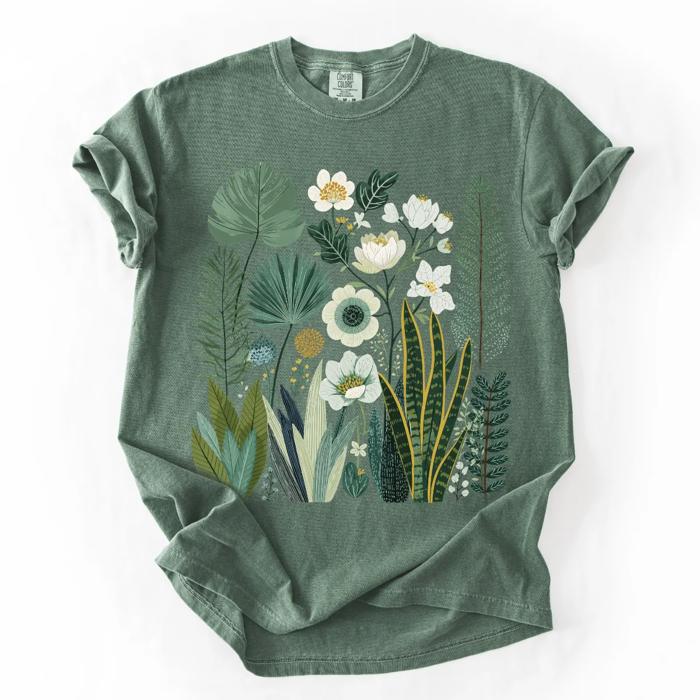 Vintage Style Green Folk Art Floral - T-Shirt Cotton Soft Wash (Unisex)  Comfort Colors (Main Image Comfort Colors - Moss)