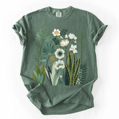 Vintage Style Green Folk Art Floral - T-Shirt Cotton Soft Wash (Unisex)  Comfort Colors (Main Image Comfort Colors - Moss)