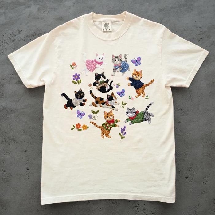 Printed Faux Embroidery Playful Cats and Kittens Cottage Core Style - Choose - T-shirt, Tank, or Sweatshirt (Main Image: Comfort Colors Tee  - Ivory)