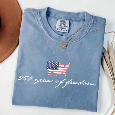 250 Years of Freedom American Map and Flag - Comfy T-Shirt Options (Main Image - Comfort Colors - Blue Jean)