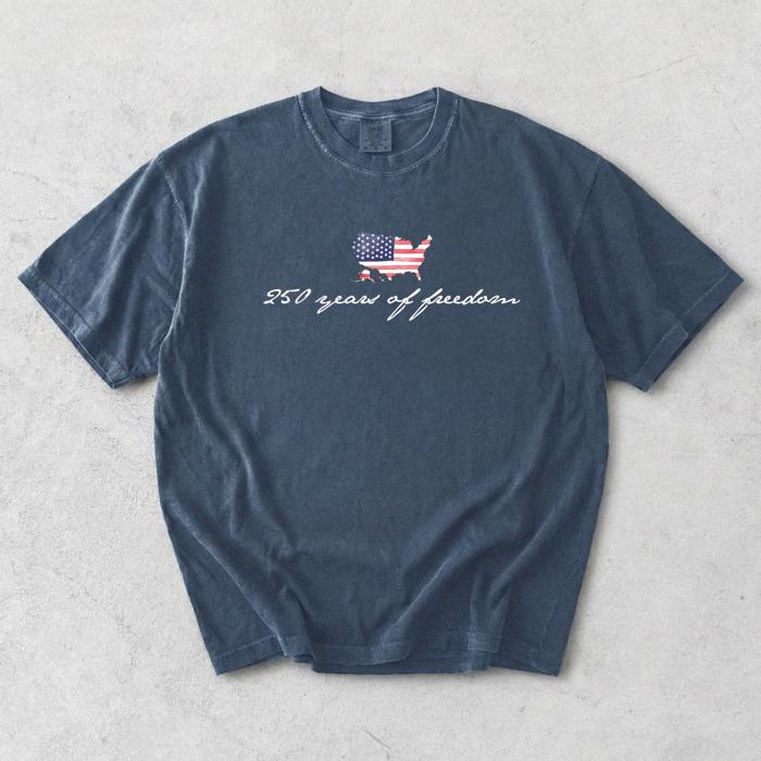 250 Years of Freedom American Map and Flag - Comfy T-Shirt Options (Main Image - Comfort Colors - Blue Jean)