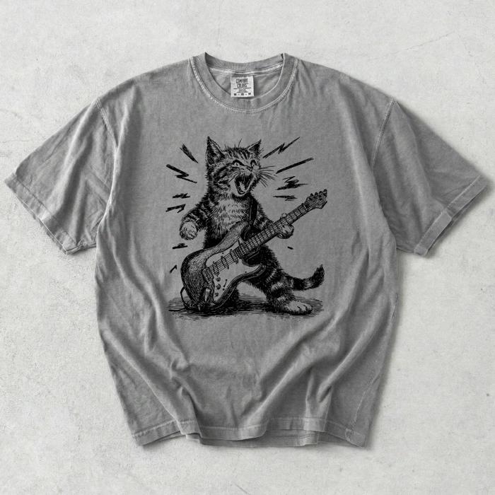 Electric Guitar Kitten Kitty Cat - T-Shirt Options, Including Tie-Dye (Main Image Comfort Colors - gray)