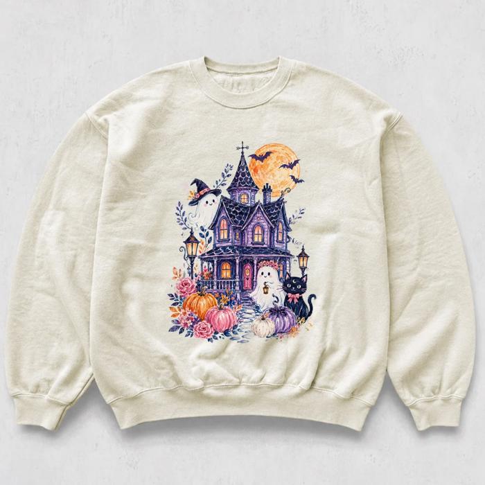 Cute Haunted House Fall Halloween - Choose Sweatshirt or T-Shirt
