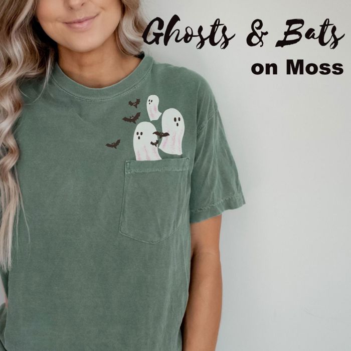 Happy Halloween Fall Harvest Ghosts & Bats - Pocket Tee Soft Washed Heavyweight (Unisex) Comfort Colors