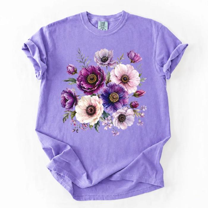 Elegant Purple Flower Bouquet - Soft Comfy T-Shirt (Main Image - Violet - Comfort Colors)