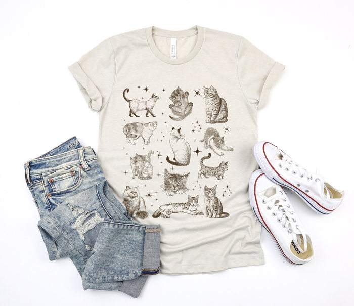 Inked Cats and Kittens Soft Cozy Longer Length Unisex Graphic Tee T-shirt
