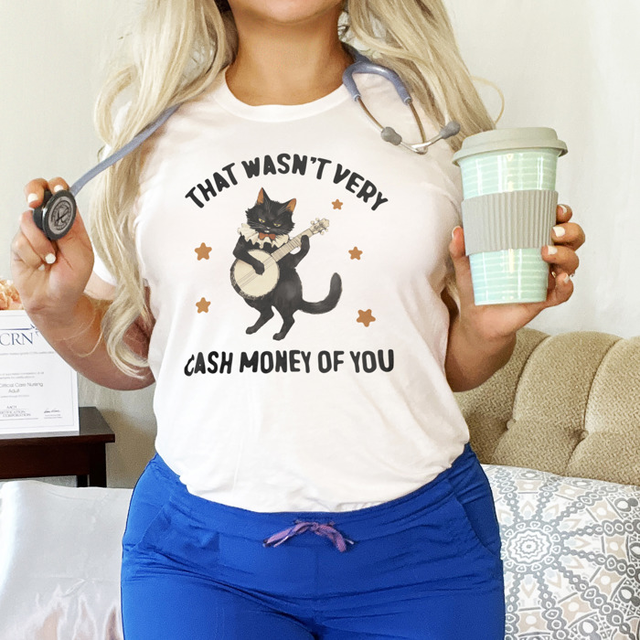 That wasn't very cash money of you Whimsical Banjo Cat Soft Cozy Longer Length Unisex Graphic Tee T-shirt