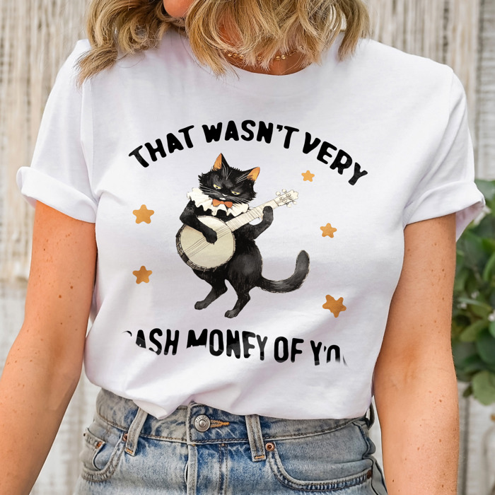 That wasn't very cash money of you Whimsical Banjo Cat Soft Cozy Longer Length Unisex Graphic Tee T-shirt