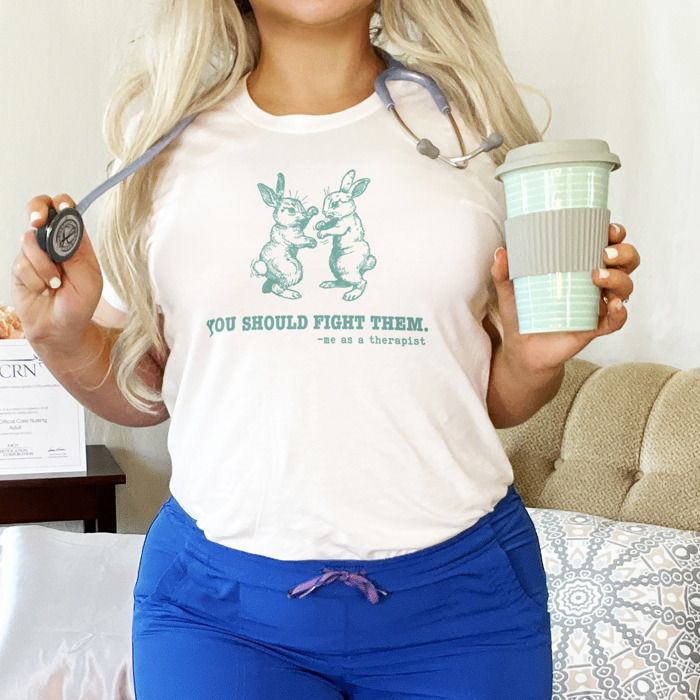 You should fight them, me as a therapist funny Therapy with a Twist: Bunnies in Battle! Soft Cozy Longer Length Unisex Graphic Tee T-shirt