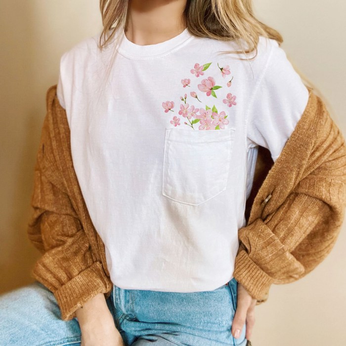 Faux (Printed, not real embroidery)    Embroidery Cherry Blossoms Spring Flowers Pocket Unisex Heavyweight Comfort Tee