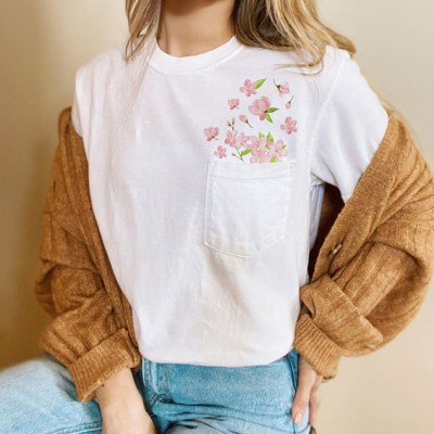 Faux (Printed, not real embroidery)    Embroidery Cherry Blossoms Spring Flowers Pocket Unisex Heavyweight Comfort Tee