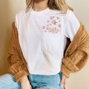  Faux (Printed, not real embroidery)    Embroidery Cherry Blossoms Spring Flowers Pocket Unisex Heavyweight Comfort Tee