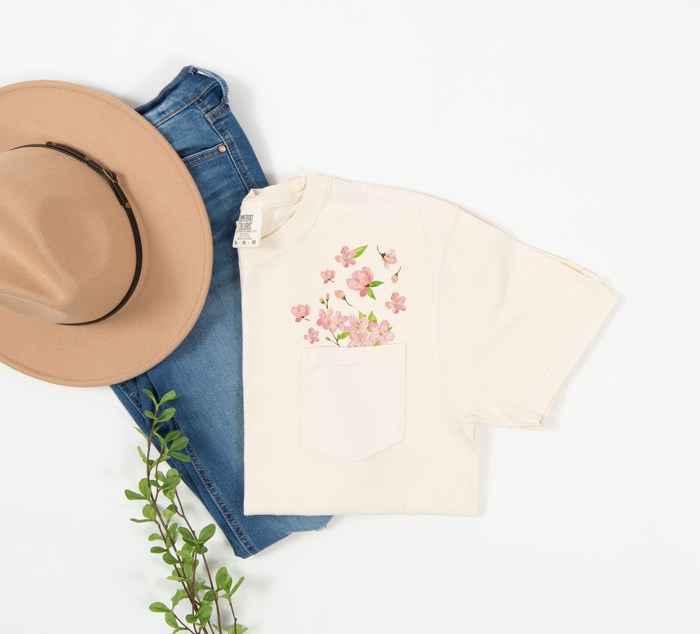 Faux (Printed, not real embroidery)    Embroidery Cherry Blossoms Spring Flowers Pocket Unisex Heavyweight Comfort Tee