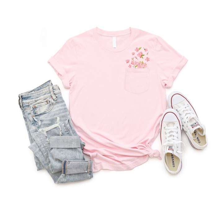 Faux (Printed, not real embroidery)    Embroidery Cherry Blossoms Spring Flowers Pocket Unisex Heavyweight Comfort Tee