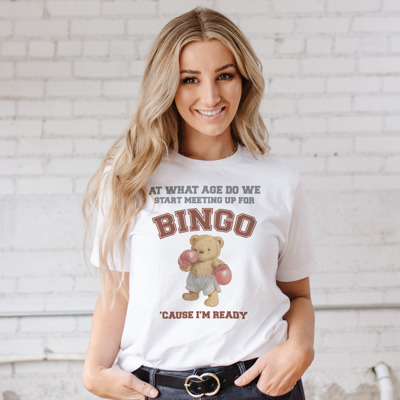 At What Age Do We Start Meeting Up For Bingo 'Cause I'm Ready Boxing Bear Funny Viral Meme Shirt Retro Bingo Champion Bear Soft Cozy Longer Length Unisex Graphic Tee T-shirt