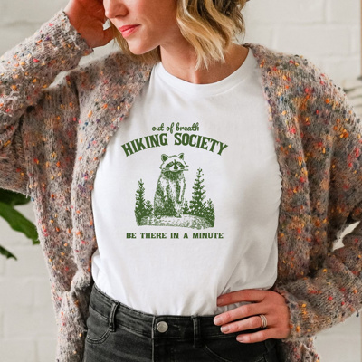 Out of Breath: The Hiking Raccoon Society Soft Cozy Longer Length Unisex Graphic Tee T-shirt