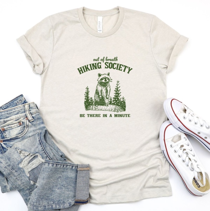 Out of Breath: The Hiking Raccoon Society Soft Cozy Longer Length Unisex Graphic Tee T-shirt